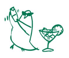 a drawing of a man holding a martini glass next to another person with a bird on his arm