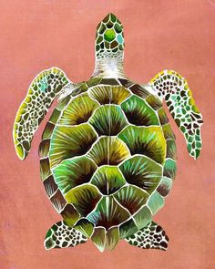 a painting of a green turtle on a pink background