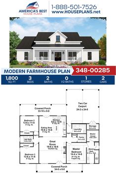 the modern farmhouse house plan with 3 bedroom and 2 bathrooms, has an open floor plan