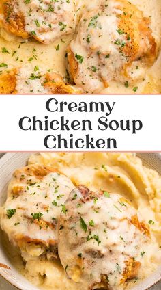 creamy chicken soup with gravy on top and mashed potatoes in the bottom