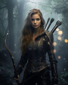 a woman dressed in black holding a bow and arrow while standing in the dark forest