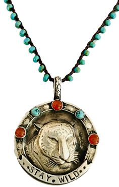 "Stay Wild", heavy gauge sterling casted tiger with turquoise and carnelian cabochons. On 34" Colorado hand macraméd turquoise cord. Pendant measures approximately 1 1/2" in diameter. Watch Band Bracelet, Stay Wild, Band Bracelet, Cool Necklaces, Men Necklace, Apple Watch Bands, Sales Gifts, Watch Bands, Jewelry Shop