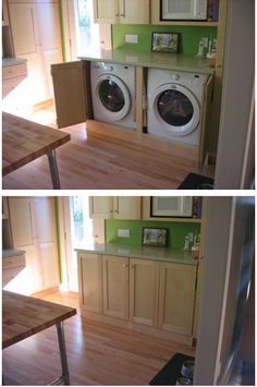 two pictures of the same kitchen and laundry room