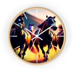 a clock with three horses running in the sunset on it's face and hands