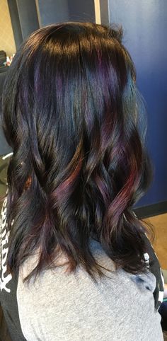 Oil Slick Wallpaper, Black Hair With Oil Slick, Oil Slick Hair Peekaboo, Rainbow Oil Slick Hair, Oil Silk Hair Color, Prism Highlights Black Hair, Peekaboo Oil Slick Hair, Dark Hair Dye Color Ideas