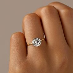 a woman's hand with a diamond ring on top of her finger, showing the center stone