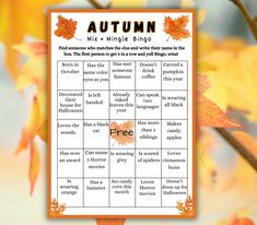 a printable autumn mini - mingle game with leaves on the tree in fall