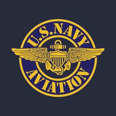 the u s navy aviation logo on a dark background with gold and blue lettering that reads,'us navy aviation '