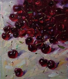 an oil painting of cherries on a white surface