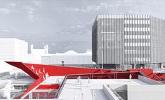 an architectural rendering of a building with red and white architecture in the foreground, surrounded by other buildings