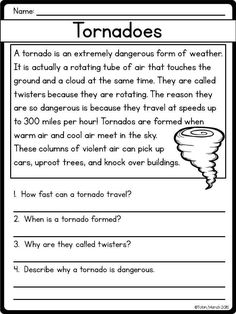 a worksheet with the words tornados on it