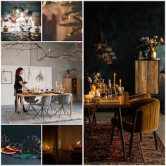 a woman sitting at a table surrounded by pictures and candles in the middle of it