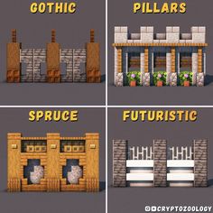 four different types of buildings with the words gothic, pillars, and futuristic