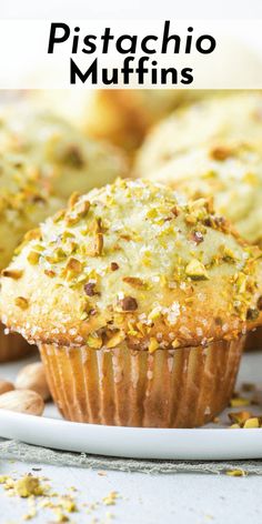 pistachio muffins on a white plate with text overlay