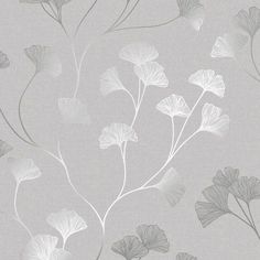 a gray and white wallpaper with flowers on it