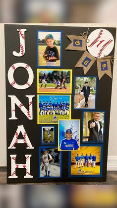 a black board with pictures of baseball players and names on it that says jonah