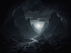 a dark cave filled with lots of rocks under a moon lit sky and some water