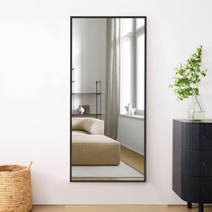 a living room with a large mirror on the wall next to a basket and plant