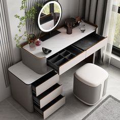 a white vanity with drawers and a mirror on the wall next to a plant in a vase