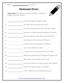 the homosym errors worksheet is shown in black and white, with a pencil