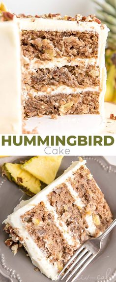 a slice of hummingbird cake on a plate with a fork and pineapple in the background