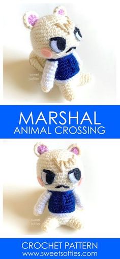 two crocheted stuffed animals with the words marshal animal crossing in blue and white