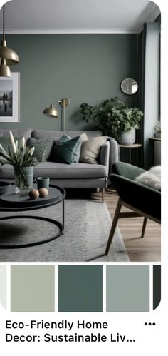 a living room with grey walls and furniture in the color green, blue, gray and white