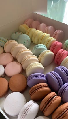 a box filled with lots of different colored macaroons