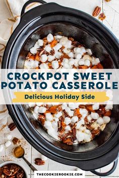 crockpot sweet potato casserole in a slow cooker with text overlay