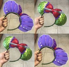 four pictures show how to make a mermaid tail fan with ribbon and sequins