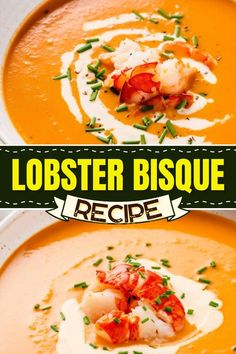 lobster bisque recipe in a bowl with text overlay