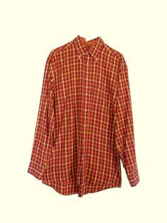 "Vintage shirt by the brand Seiden Sticket with longs sleeve and collar cut. It features a red, orange and yellow check pattern. Made from quality cotton fabric. A classic unisex cut shirt with a colorful warm tone pattern to add to your collection. Pair with some vintage denim for a casual look. No noticeable flaws, excellent used condition. Measurements: ▪ Shoulder to shoulder: 20\"/ 52cm ▪ Underarm to underarm: 27\"/ 69cm   ▪ Shoulder to bottom: 29\"/ 74cm Tag reads size M Model   ▪ Μen's siz Orange Long Sleeve Shirt For Fall, Plaid Long Sleeve Flannel Shirt, Long Sleeve Plaid Flannel Shirt, Classic Red Cotton Flannel Shirt, Orange Fall Shirt With Button Closure, Fall Orange Shirt With Button Closure, Long Sleeve Gingham Shirt With Button Closure, Red Long Sleeve Shirt For Fall, Gingham Shirt With Button Closure For Fall