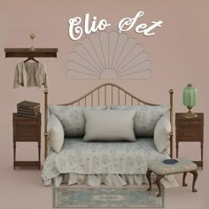 an image of a bedroom setting with bed, dresser and chair in the background that says elo - ezex