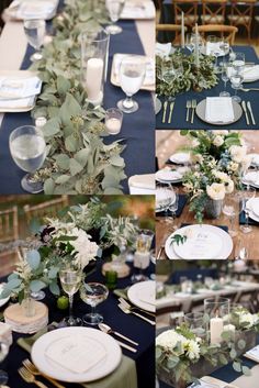 the table is set with white and green flowers, greenery, silverware and candles