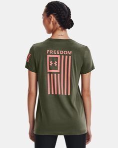 Super-soft, cotton-blend fabric provides all-day comfort|Ribbed collar Small American Flags, Flag Shirt, Flag Tshirt, Under Armour Women, Good Brands, Comfortable Fashion, American Flag, Under Armour, Short Sleeve Tee