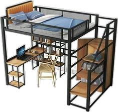 a loft bed with desk and shelves underneath it