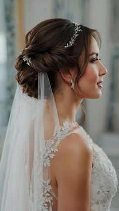 Updo For Veil Brides, Wedding Hair Braids Updo, Bridal Updos For Long Hair With Headband, Low Bun Bridal Hair With Headpiece, Headband And Veil Wedding Hair, Bridal Updo Headpiece, Bridal Headband With Veil Updo, Wedding Hairstyles With A Tiara, Crown Braid With Veil