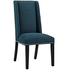 a blue upholstered chair with studded trimmings on the legs and back