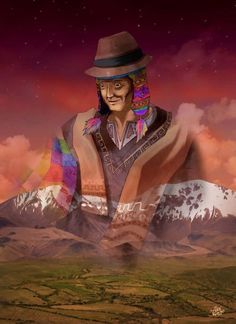 a painting of a man wearing a hat and scarf with mountains in the background at night