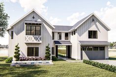 this is an artist's rendering of a modern farmhouse style house with two garages