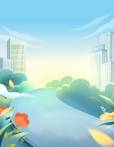 an image of a cartoon city scene with flowers and buildings in the backround