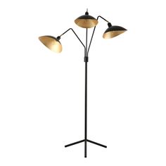 three light floor lamp with two lamps on each side and an adjustable arm, in black metal