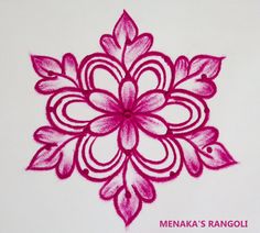 a drawing of a pink flower with leaves on it's petals and the words menka's rangoli written in red ink