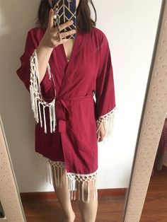 Wine Tassel Kimono Robe(with Fringe lace trims)-Bridal Kimono Robe-Bridesmaid Kimono Robe-bridesmaid Summer Wedding Open Front Kimono, Summer Wedding Night Lace Robe, Summer Wedding Open Front Robe, Summer Wedding V-neck Kimono, Summer Beach Kimono With Lace Trim, Summer Wedding Robe With Lace Trim, Bridal Kimono Robe, Bridesmaid Gifts Beach Wedding, White Bridal Robe