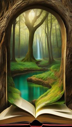 an open book with the image of a forest and waterfall in it's pages