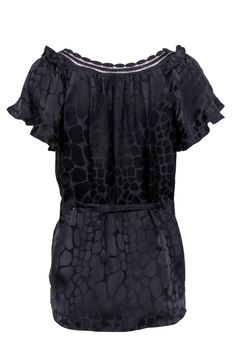 Go shiny and romantic with this satin beauty from Rebecca Taylor! Made with a relaxed silhouette, this is a patterned piece to pair with your favorite black jeans and sneakers for a laidback weekend look with some casual polish. Size 4 100% Silk Scoop neckline with lace trim Short flutter sleeves Tie belt included Waist 29" Total length 28" Casual Black Silk Top, Taylor Made, Lace Trim Shorts, Flutter Sleeve Top, Satin Silk, Rebecca Taylor, Flutter Sleeves, Tie Belt, Black Satin