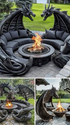 an outdoor fire pit with two dragon heads sitting on it's sides, and the fire