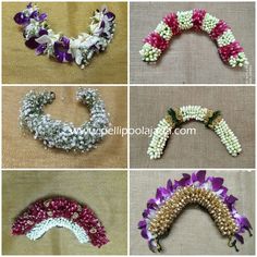 four different types of beaded bracelets with flowers and pearls on them, all in various colors