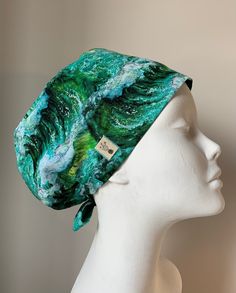 Sea foam and spray in cool aquas and greens on this easy wearing European style surgical scrub hat that fits similarly to a disposable cap or snood, but with a more attractive flat front.   No shifting or pulling, these caps stay put for all day wear, and although not necessary, with optional ties can be cinched for a more secure fit.  2 scrub cap sizes allow for different depths - - REGULAR PIXIE Scrub Cap- 4 3/4 inch depth - recommended for those with short to shoulder length hair or smaller h Old Head, Surgical Scrub Hats, Long Pixie, Scrub Caps Surgical, Euro Style, Scrub Hat, Scrub Cap, Scrub Hats, Shoulder Length Hair