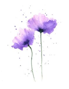 two purple flowers are shown in watercolor